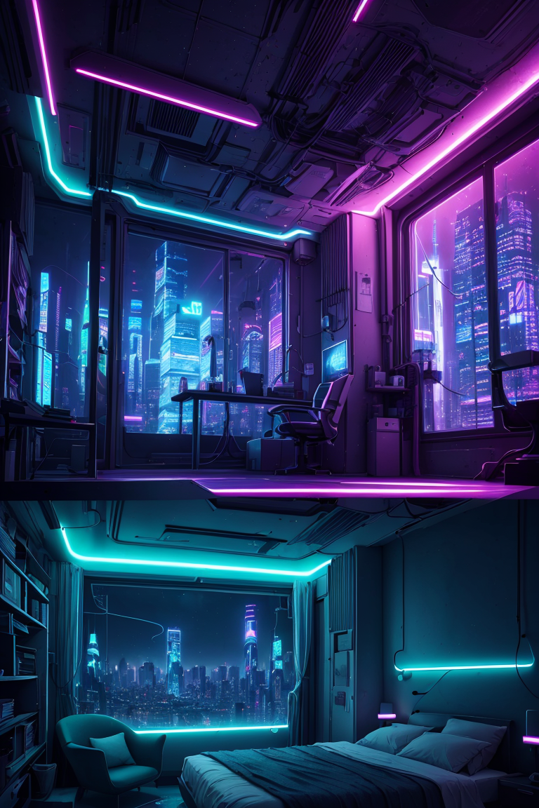 379558-2993395530-a bedroom, neon lights, dim light, futuristic, orange light, cable, electricity, ornate, detail, windows with skyscrapers, scien.png